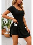 Kadın Kısa Kollu Kare Yaka Short Detaylı Cepli Dalgıç Elbise