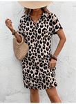Kadın Kısa Kollu Yakalı Leopar Desenli Süprem Elbise