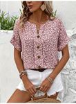 Kadın Kısa Kollu çentikli V Yaka Ve Düğme Detaylı çiçek Desenli Süprem Bluz