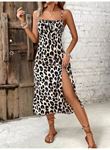 Kadın Askılı Yakadan Bağcıklı Yırtmaçlı Leopar Desenli Midi Süprem Elbise