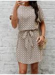 Kadın Kısa Kollu Yuvarlak Yaka Beli Kuşaklı Geometrik Desenli Süprem Elbise