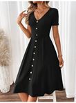 Kadın Kısa Kollu V Yakalı önden Düğmeli A Kesim Dokuma Elbise