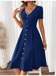 Kadın Kısa Kollu V Yakalı önden Düğmeli A Kesim Dokuma Elbise