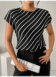 Kadın Kısa Yarasa Kollu Bisiklet Yaka çizgi Desenli Atlas Bluz
