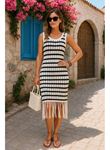 Kadın Kolsuz V Yaka Eteği Püsküllü çizgi Desen Triko Elbise