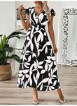 Kadın Kısa Kelebek Kollu Kruvaze Yaka Desenli Süprem Elbise