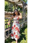 Kadın Ip Askılı V Yakalı Bel Güpür çiçek Desenli Yandan Yırtmaçlı Maksi Süprem Elbise