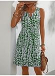 Kadın Sıfır Kol Yakadan Halka Detaylı Desenli Kısa Bürümcük Elbise