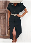 Kadın Kısa Kollu Yakalı Düğme Detay Midi Dokuma Elbise