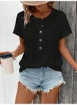 Kadın Kısa Kollu Yakası Açık önden Düğmeli Waffle Bluz