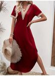 Kadın Kısa Kollu Dantel V Yakalı Uzun Viskon Elbise