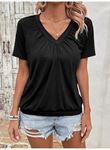 Kadın Kısa Kollu V Yakalı Büzgü Detaylı Viskon Bluz