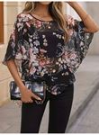 Kadın Kısa Kollu Yuvarlak Yaka çiçek Baskılı Asimetrik Kesim şifon Bluz