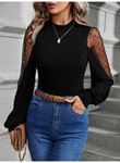 Kadın Uzun Kollu Yarı Balıkçı Yaka Kolları Tül Detaylı Ithal Krep Bluz