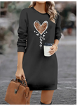 Kadın Uzun Kollu Bisiklet Yaka Kalp Desenli Kısa Viskon Elbise