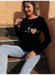 Kadın Uzun Kollu Bisiklet Yaka Kalp Desenli Bluz