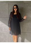 Kadın Uzun Kollu Yuvarlak Yaka Kol Ve Etek Ucu Dantelli Kısa Ithal Krep Elbise