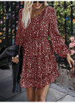 Kadın Uzun Kollu V Yaka Bağcıklı Belden Gipeli çiçek Baskılı Kısa Süprem Elbise