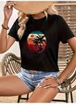 Kadın Kısa Kollu Palmiye Baskılı Viskon T-shirt