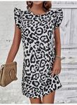 Kadın Kısa Kollu Kolları Fırfır Detay Arkası Bağlamalı Leopar Desen Kolsuz Mini Mikro Elbise