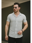 Erkek Kısa Kollu Gri çizgi Desenli örme Kumaş Pamuklu Gömlek