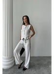 KETEN KENARLARI BİYELİ YELEK - PANTOLON TAKIM - Beyaz