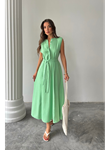 KETEN ELBİSE KOLSUZ BEL BAĞLAMALI MAXİ ELBİSE - Yeşil