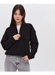 Oversize Yarım Farmuarlı Yakalı Basic SweatShirt - Siyah