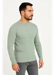 Erkek Bisiklet Yuvarlak Yaka Triko Kazak Pamuklu Kalın Fitilli Dokuma, Regular Fit Uzun Kollu Kışlık Model - Mint Yeşili