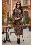 Kadın Uzun Kollu Balıkçı Yaka Leopar Desenli Midi Boy Elbise