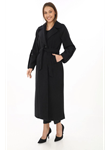 Uzun Kaşe Kaban – Yünlü Dokuma Kaşmir Kumaş, Kruvaze Yaka, Kuşaklı Astarlı Tesettür Uyumlu Şık Kışlık Siyah Model - Siyah