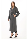 Uzun Kaşe Kaban – Yünlü Dokuma Kaşmir Kumaş, Kruvaze Yaka, Kuşaklı Astarlı Tesettür Uyumlu Şık Kışlık Siyah Model - Füme