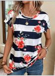 Kadın Çiçek Desenli Yatay Şeritli Bisiklet Yaka Tişört