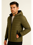 Erkek Şişme Kapüşonlu Fermuarlı Mont Su Itici Kapitone Astarlı Kumaş Cepli Kışlık Rahat Kalıp - Haki