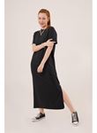 Yırtmaç Detaylı Kısa Kollu Salaş Maxi Siyah Elbise