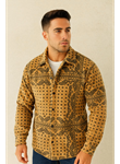Erkek Desenli Düğmeli Polar Gömlek – Hardal Paisley Desen Yakalı, Uzun Kollu, Oversize Rahat Kalıp - Sarı