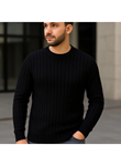 Erkek Bisiklet Yuvarlak Yaka Triko Kazak Pamuklu Kalın Fitilli Dokuma, Regular Fit Uzun Kollu Kışlık Model - Siyah