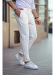 Erkek Diagonel Mikro Dokulu Cepli Beli Lastilki Pantolon - Beyaz