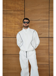 Erkek Premium Parçalı Eşofman Takım - Dik Yaka Fermuarlı Biyeli Sweatshirt Lastik Paça Alt, Oversize 3 Iplik Şardonlu - Beyaz