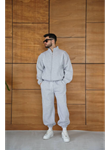 Erkek Premium Parçalı Eşofman Takım - Dik Yaka Fermuarlı Biyeli Sweatshirt Lastik Paça Alt, Oversize 3 Iplik Şardonlu - Gri