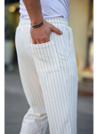Erkek Cizgili Dokuma Krep Jogger Buggy Pantalon Rahat Kalıp - Beyaz
