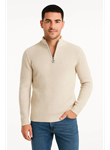 Erkek Yarım Fermuarlı Triko Kazak – Selanik Örgü, Dik Yaka, Pamuklu Dokuma, Regular Fit Uzun Kollu Kışlık Model - Bej