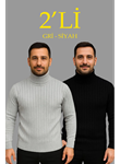 Erkek Fitilli Triko Kazak 2li Set Gri Siyah Regular Balıkcı Yaka Tam Boğazlı Triko Seti Modeli Kazak