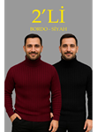 Erkek Fitilli Triko Kazak 2li Set Bordo Siyah Regular Balıkcı Yaka Tam Boğazlı Triko Seti Modeli Kazak