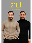 Erkek Fitilli Triko Kazak 2li Set Bej Siyah Regular Balıkcı Yaka Tam Boğazlı Triko Seti Modeli Kazak