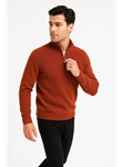 Erkek Yarım Fermuarlı Triko Kazak – Selanik Örgü, Dik Yaka, Pamuklu Dokuma, Regular Fit Uzun Kollu Kışlık Model - Kiremit