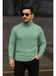 Erkek Balıkcı Yaka Bağazlı Triko Kazak Pamuklu Kalın Fitilli Dokuma, Regular Fit Uzun Kollu Kışlık Model - Mint Yeşili