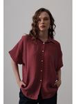 Yarım Balon Kol Çizgili Gömlek - Bordo