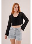 Ön Bağlamalı Ajurlu Crop Siyah Hırka
