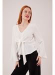 Ön Bağlamalı Volan Kol Beyaz Bluz